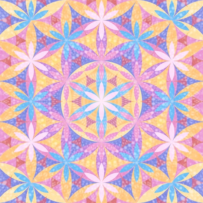 Farbintensive Darstellung der Blume des Lebens mit lebendigen Gelb-, Rosa-, Blau- und Violetttönen – fördert Lebensfreude, Intuition und kreative Energie.