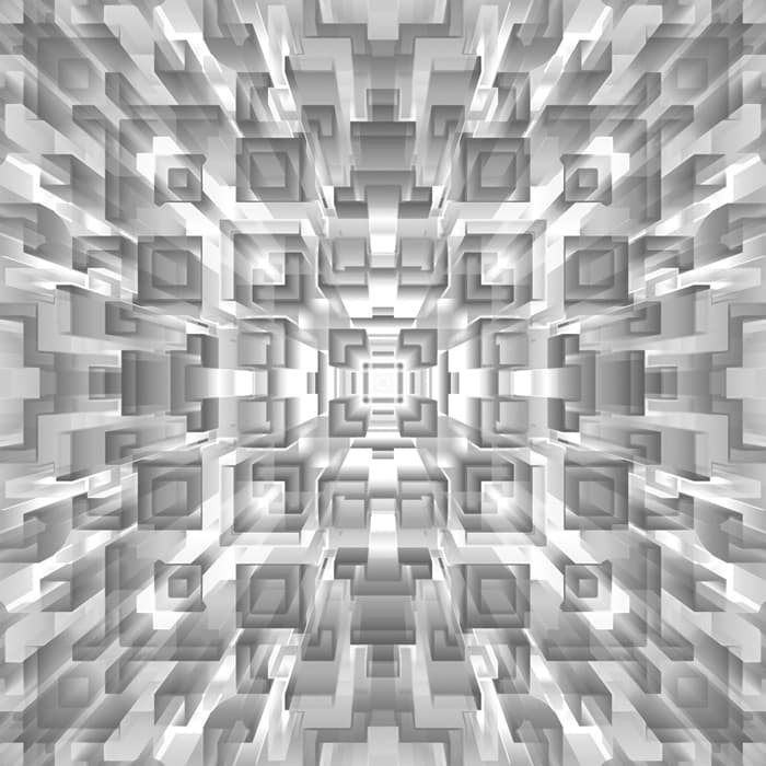 Monochrome digitale Mandala mit feinen Mustern in Weiß- und Grautönen – fördert Klarheit, Neutralität und meditative Konzentration.