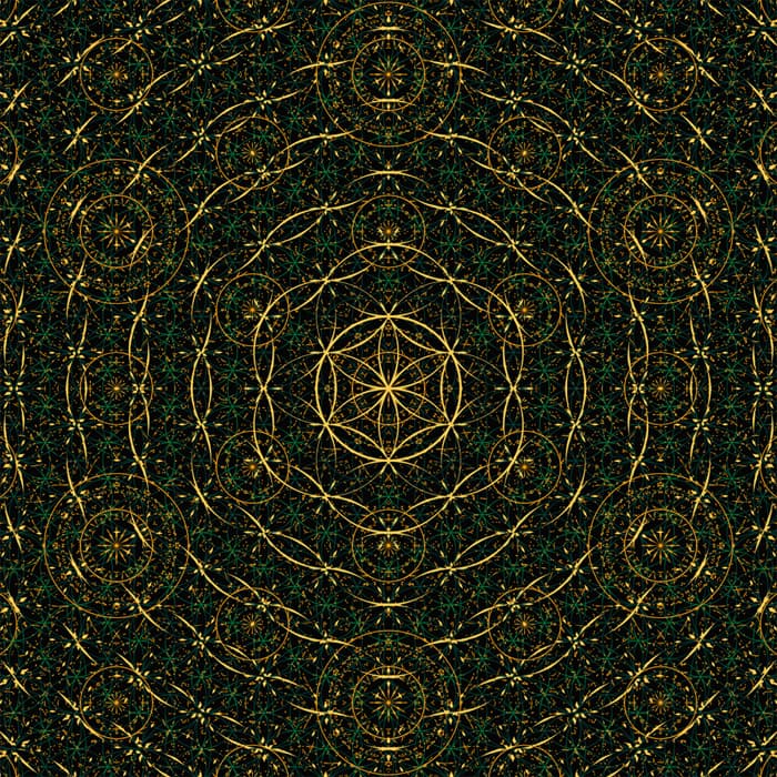 Kraftvolle digitale Blume des Lebens in Schwarz, Gold und Grün – fördert energetischen Schutz, Stabilität und natürliche Ausgeglichenheit.